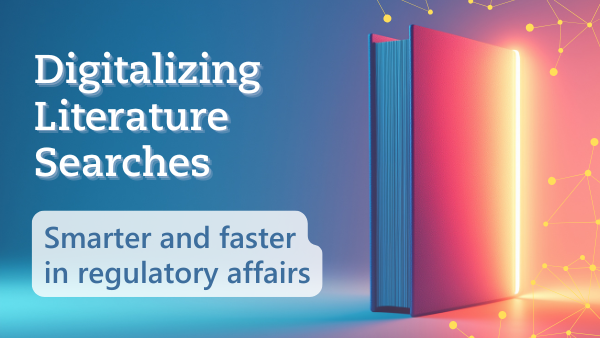 Symbolic image of digitalized systematic literature search in regulatory affairs featuring a glowing book